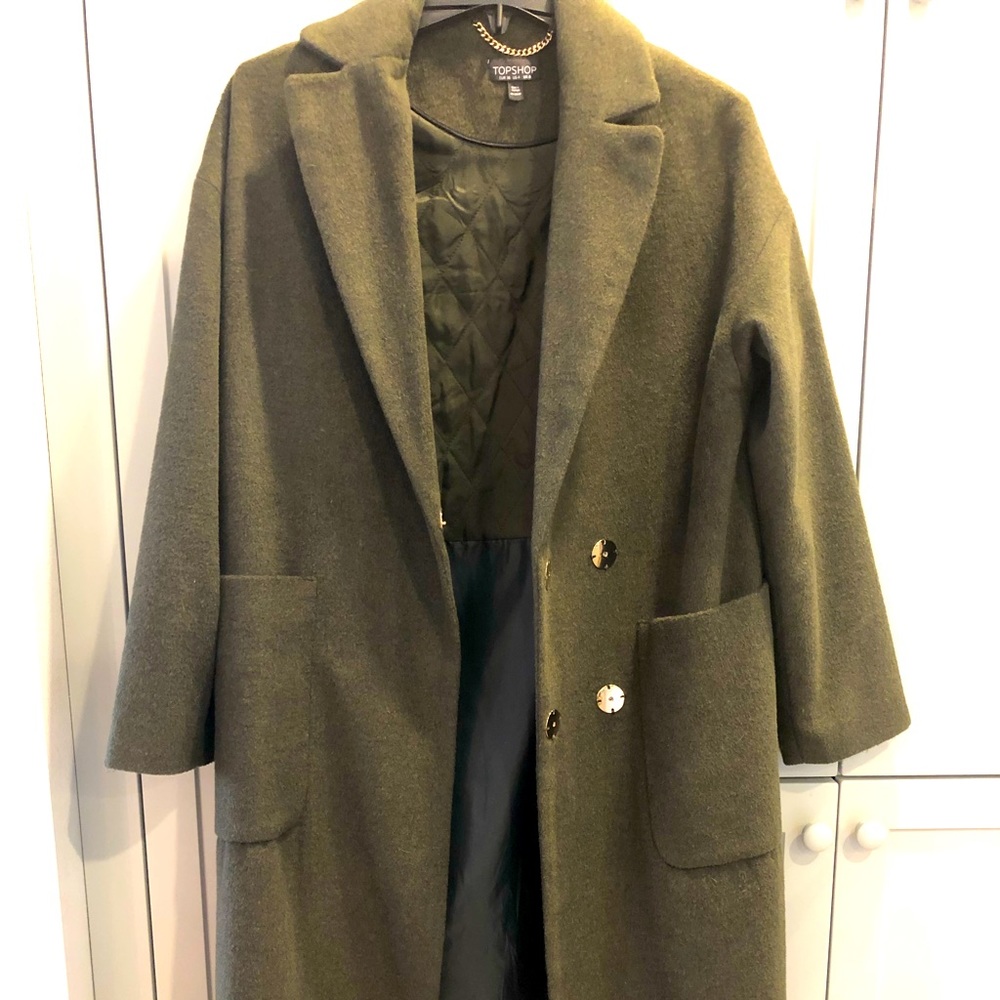 Topshop Wool Car Coat - Green with Brass Buttons